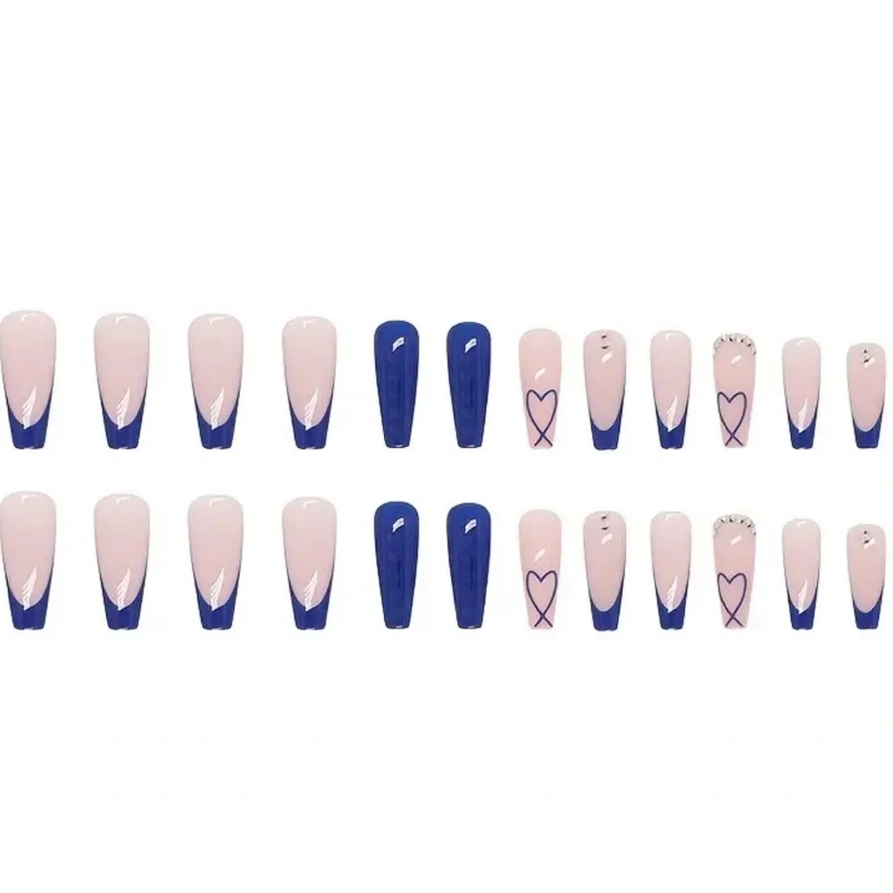 24pcs Glossy Long Ballerina Blue French Tip Press On Nails